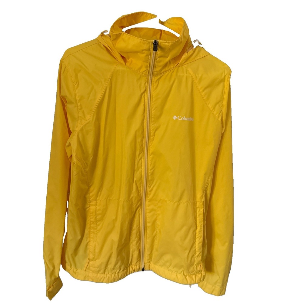 NWOT Columbia Sportswear Rain Jacket Womens Large Hood Packable Full Zip Yellow